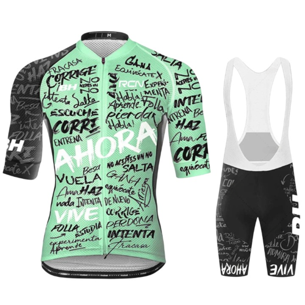 Pánsky cyklistický set – dres s krátkym rukávom na zips a kraťasy s laclom, s motívom nápisov, pre cyklistiku a šport tyrkysová XL