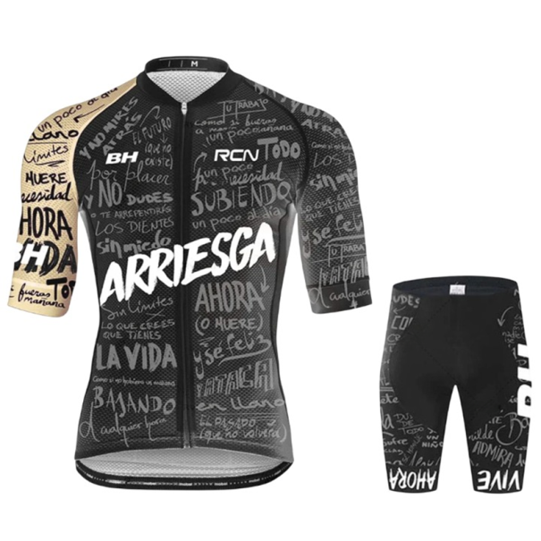 Pánsky cyklistický set – dres s krátkym rukávom na zips a kraťasy, s motívom nápisov, pre cyklistiku, šport a voľnočasové aktivity béžový XL