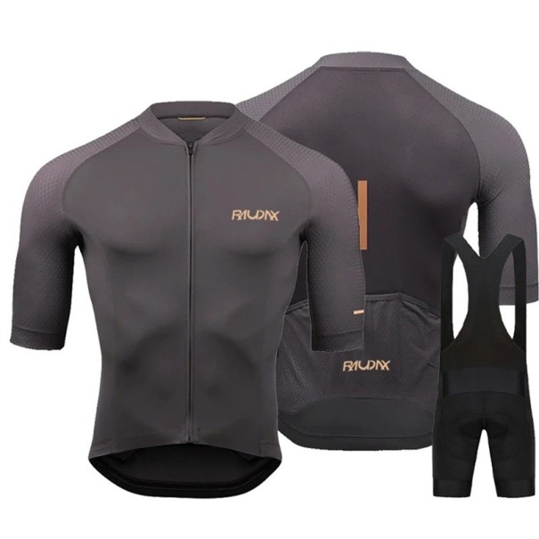 Pánský cyklistický set RAUDAX dres a laclové kraťasy Krátký rukáv Zip Zadní kapsy Prodyšný materiál Lycra spandex a polyester Na kolo šedá XXS