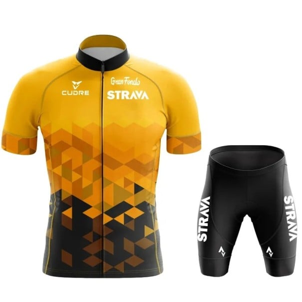 Pánský cyklistický set Strava – dres s krátkým rukávem na zip a kraťasy, prodyšný, pro cyklistiku, sport a volnočasové aktivity žlutá XS