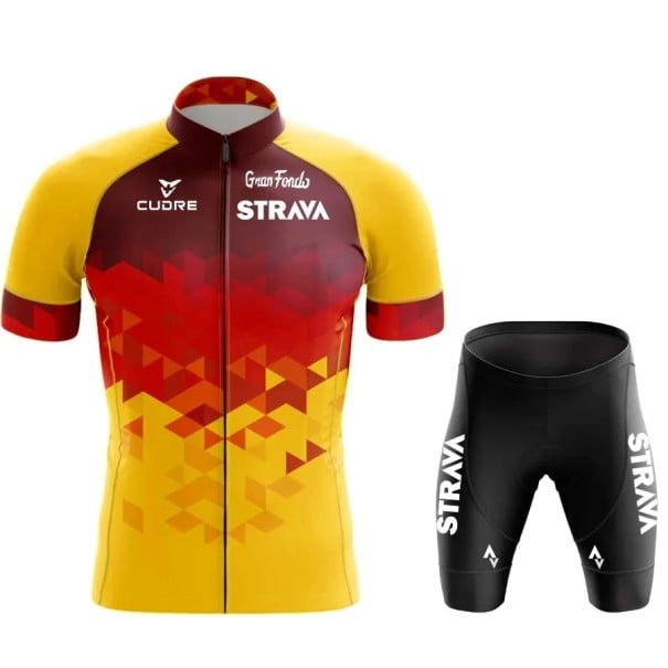 Pánsky cyklistický set Strava – dres s krátkym rukávom na zips a kraťasy, priedušný, pre cyklistiku, šport a voľnočasové aktivity žlto-červená XL