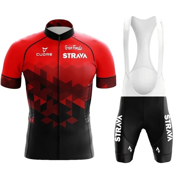 Pánsky cyklistický set Strava – dres s krátkym rukávom na zips a kraťasy s laclom, priedušný, pre cyklistiku, šport a aktivity červená XL