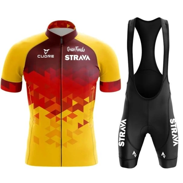 Pánsky cyklistický set Strava – dres s krátkym rukávom na zips a kraťasy s laclom, priedušný, pre cyklistiku, šport a aktivity žlto-červená XL