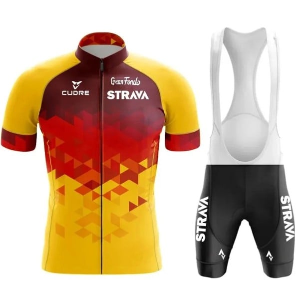 Pánsky cyklistický set Strava – dres s krátkym rukávom na zips a kraťasy s laclom, priedušný, pre cyklistiku, šport a aktivity žlto-červená XL