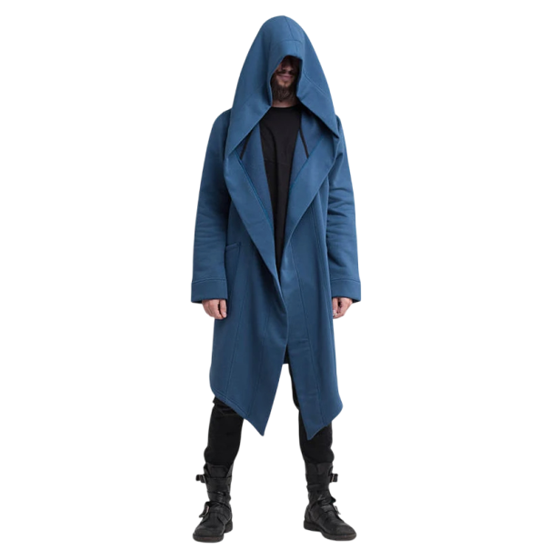 Pánský dlouhý kabát s kapucí Asymetrický kabát do města Volný střih Streetwear móda Módní plášť s dlouhým rukávem na zip bez zapínání modrá XXL