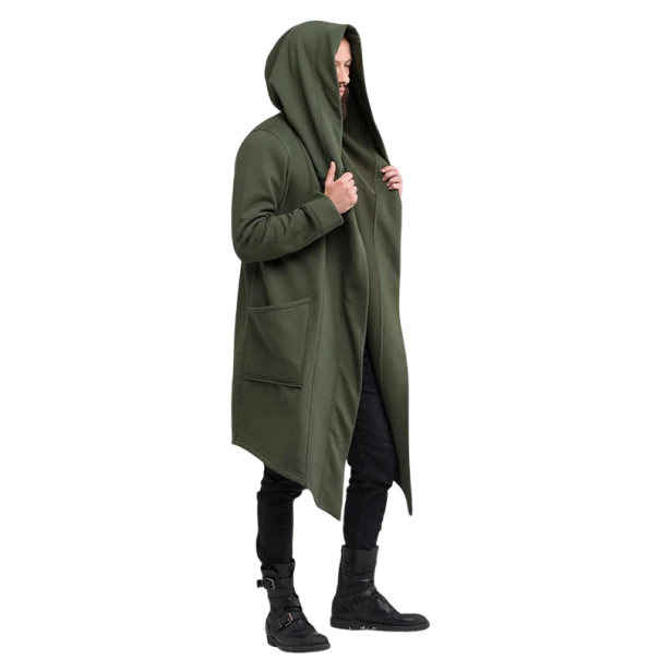 Pánský dlouhý kabát s kapucí Asymetrický kabát do města Volný střih Streetwear móda Módní plášť s dlouhým rukávem na zip bez zapínání zelená L