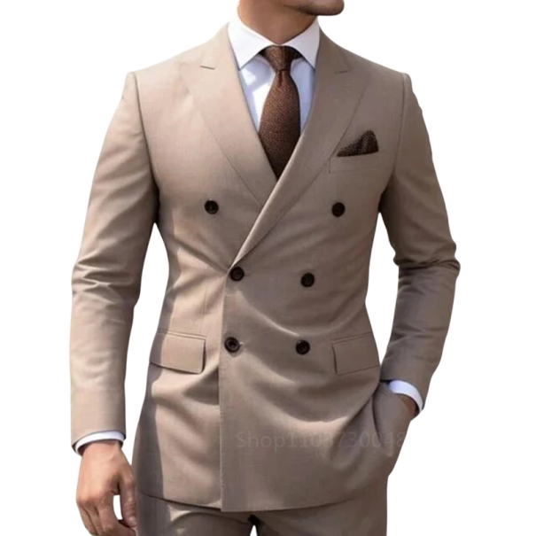 Pánský oblek z bavlny a vlny Elegantní sada saka a kalhot pro muže Jednobarevný formální komplet s kapsami a knoflíky Stylový oblek v různých barvách béžova XXL