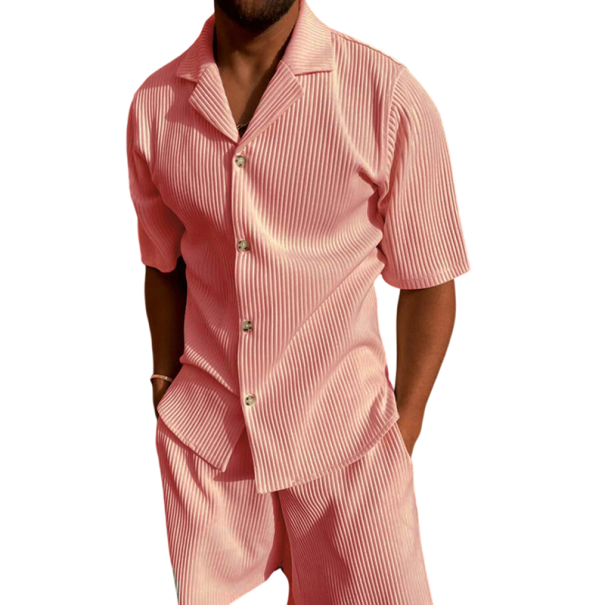 Pánský set košile a kraťasy Dvoudílný komplet s krátkým rukávem a límcem na knoflíky Žebrovaný polyester Na léto i běžné nošení růžová S