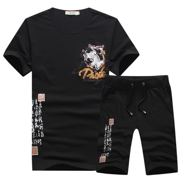 Pánský set - Tričko s potiskem ryby a kraťasy J1561 černá 3XL