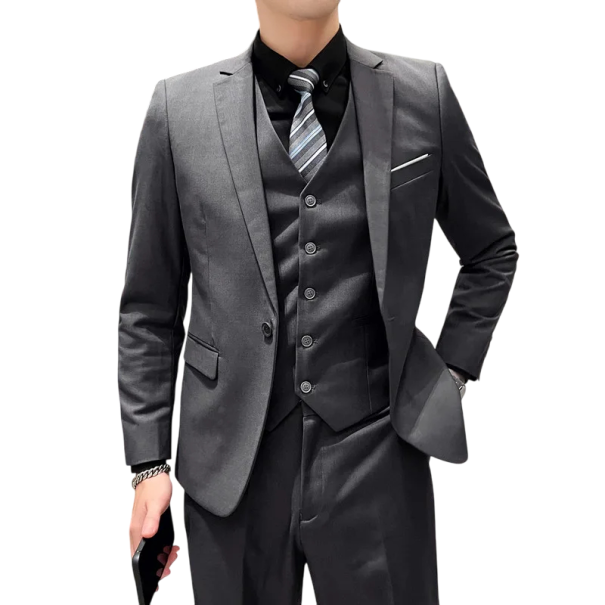 Pánský set z polyesteru Elegantní sada saka, vesty a kalhot pro muže Jednobarevný formální oblek s kapsami a kapsičkou na prsou Stylový komplet s knoflíky tmavě šedá L