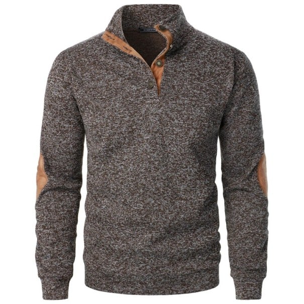 Pánský svetr s dlouhým rukávem a límečkem Jednobarevný elegantní svetr s knoflíky u límce Hnědé záplaty na loktech Polyester Různé barvy hnědá XXS