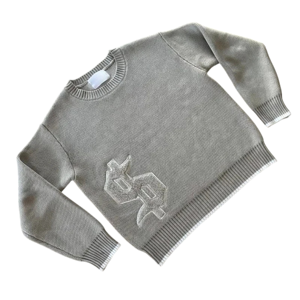 Pánský svetr s kulatým výstřihem Šedý pletený svetr s populárním vzorem symbolu Jednobarevný stylový svetr Bavlna Polyester XS