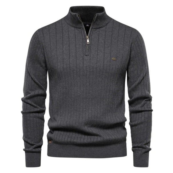 Pánský svetr s rozepínacím rolákem na zip Dlouhý rukáv Jednobarevný pletený svetr Elegantní zimní móda Bavlna Lycra Pohodlný svetr Různé barvy tmavě šedá S