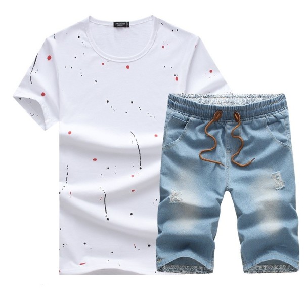 Pánský volnočasový set - Tričko a modré kraťasy J2235 bílá XL