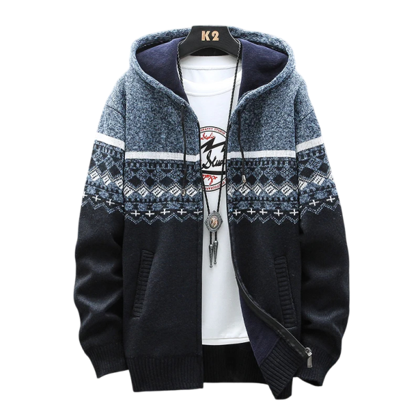 Pánský zimní vzorovaný kardigan s kapucí a pruhem na zip Stylový pletený svetr s dlouhým rukávem Teplý podzimní zimní svetr Polyester Různé barvy tmavě modrá L