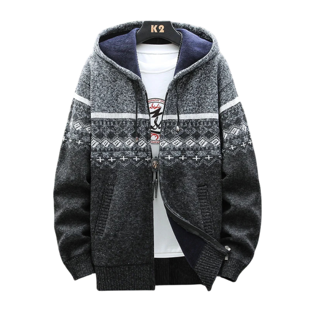 Pánský zimní vzorovaný kardigan s kapucí a pruhem na zip Stylový pletený svetr s dlouhým rukávem Teplý podzimní zimní svetr Polyester