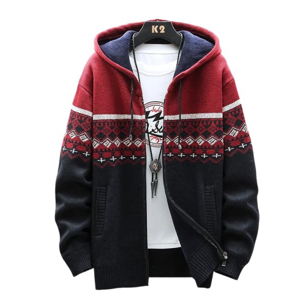 Pánský zimní vzorovaný kardigan s kapucí a pruhem na zip Stylový pletený svetr s dlouhým rukávem Teplý podzimní zimní svetr Polyester Různé barvy vínová XL