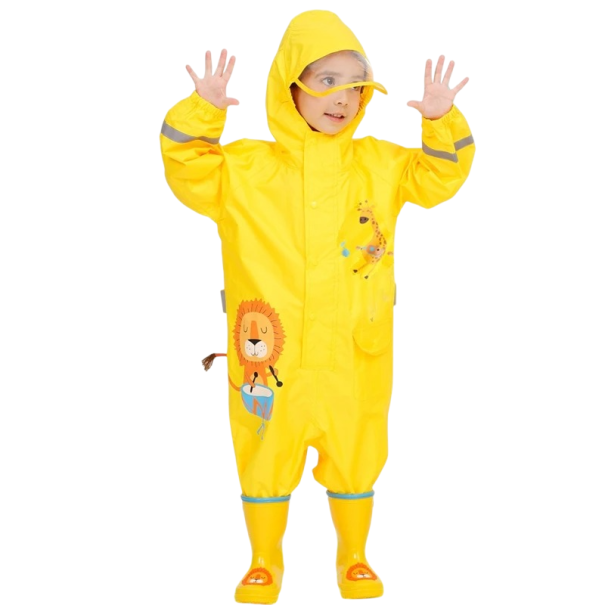 Pantalone impermeabile per bambini con cappuccio in poliestere leggera protezione contro la pioggia chiusura a bottoni per uso all'aperto giochi all'aperto giallo 4-5 anni
