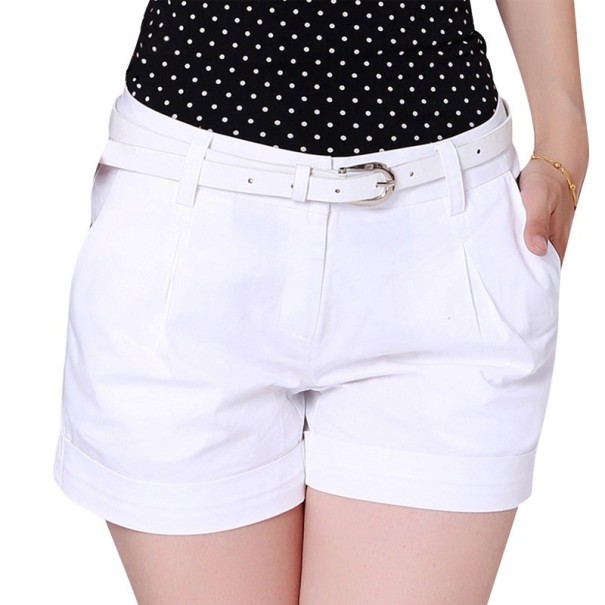 Pantalones cortos de algodón para mujer con cinturón J1078 blanco L