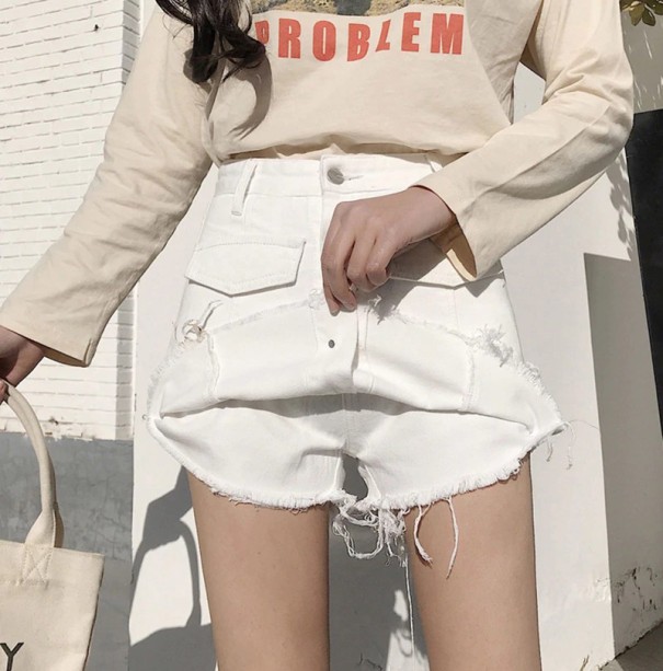 Pantalones cortos de cintura alta para mujer A717 blanco L