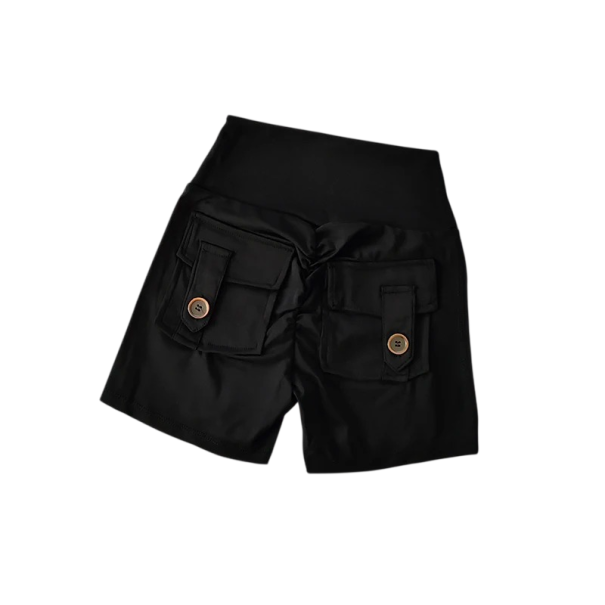 Pantalones cortos de mujer de cintura alta con bolsillos, de un solo color, algodón, poliéster, spandex, pantalones cortos elásticos negro S