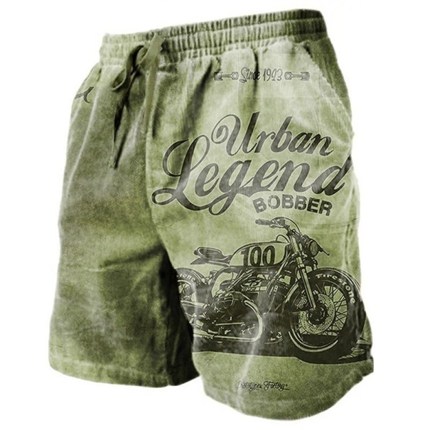 Pantalones cortos transpirables de verano para hombre con cordón, material ligero y cómodo, estampado de motocicleta vintage, elegantes pantalones cortos casuales para verano. verde XL