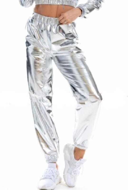 Pantalones metalizados de mujer plateado L