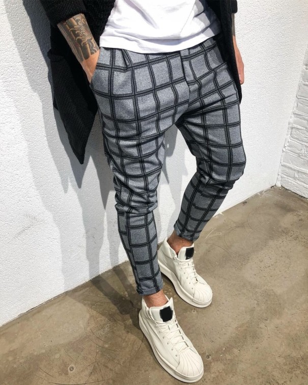 Pantaloni bărbați în carouri F1415 gri M 2