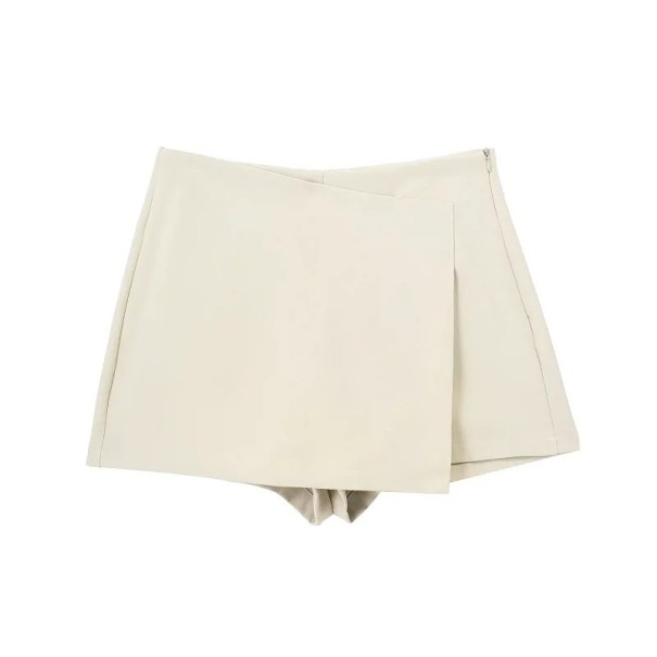 Pantaloni corti asimmetrici eleganti da donna con effetto gonna Gonna pantaloni corta stilosa per uso quotidiano e occasioni sociali Taglio di moda asimmetrico beige XS