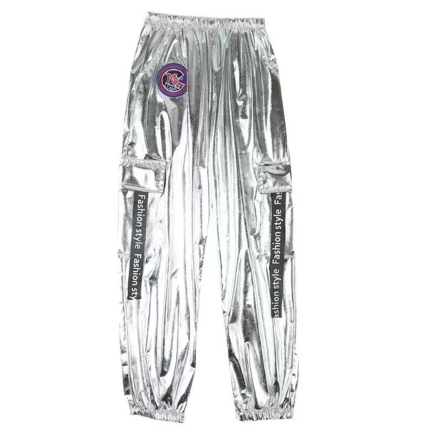 Pantaloni da danza per ragazze in stile cargo per hip hop, pantaloni metallici argentati in poliestere con elastico in vita e patch per street 14