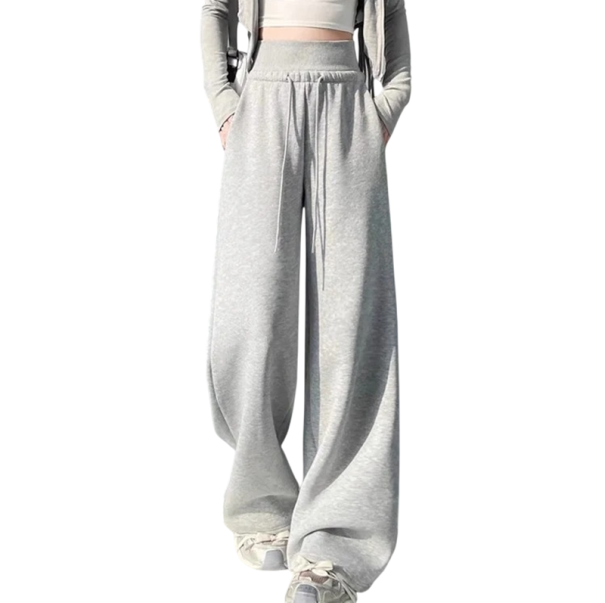 Pantaloni da donna con vita alta e cordoncino Poliestere Cotone Monocromo Comodi, stilosi, ideali per l'uso quotidiano grigio S