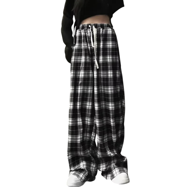 Pantaloni da donna leggeri e larghi con vita alta Pantaloni a quadri con gambe larghe Pantaloni eleganti dritti con vita elastica S