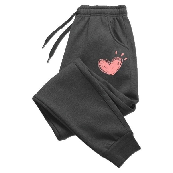 Pantaloni da donna unicolor con stampa di cuori sui lati con cordino Materiale poliestere Pantaloni comodi per il tempo libero grigio scuro M