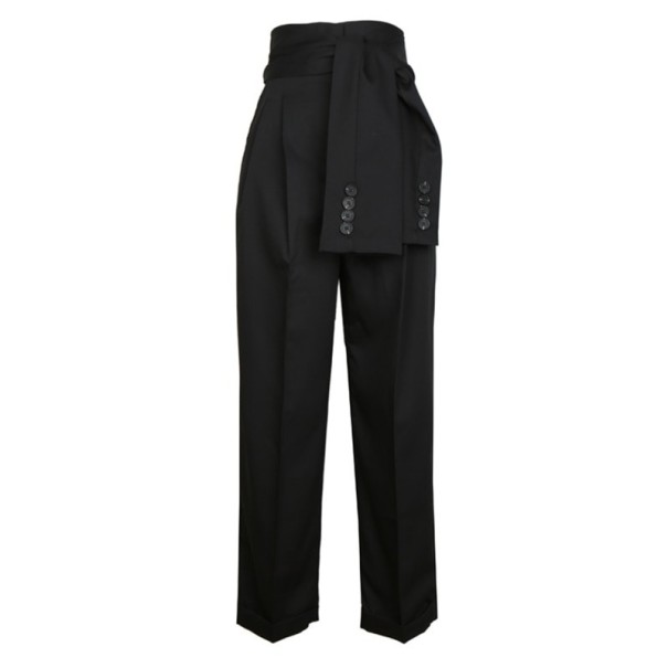 Pantaloni de dama cu curea decorativa negru M