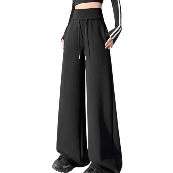 Pantaloni de trening pentru femei cu talie înaltă și șnur din poliester și bumbac, uni, confortabili, stilati, ideali pentru purtarea zilnică negru S