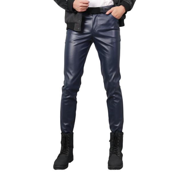 Pantaloni din piele ecologică pentru bărbați, croială slim, stil modern, aspect elegant, pantaloni confortabili, croială slim, îmbrăcăminte la modă pentru bărbați, pantaloni eleganți albastru inchis 34