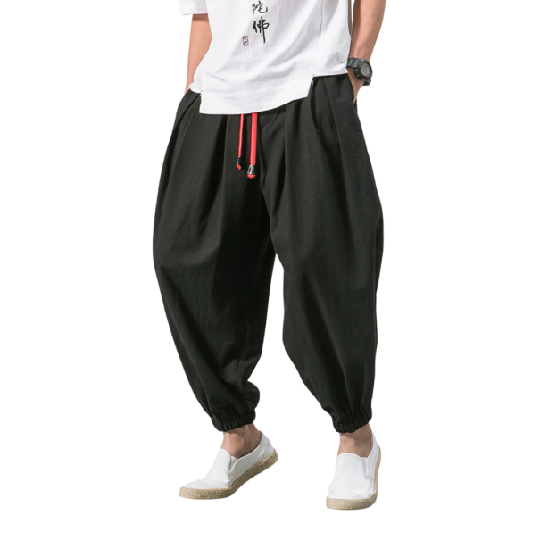 Pantaloni harem lejeri din in pentru bărbați. Pantaloni casual de înaltă calitate, confecționați din material natural. Croială confortabilă pentru vară și timp liber. negru 3XL