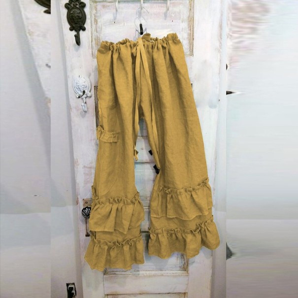 Pantaloni largi de femei cu volane galben 3XL