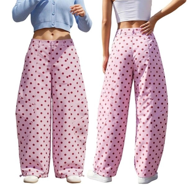 Pantaloni largi pentru femei cu imprimeu cu buline, cu pantaloni largi, șnururi de strângere în partea de jos, talie înaltă și bucle roz M
