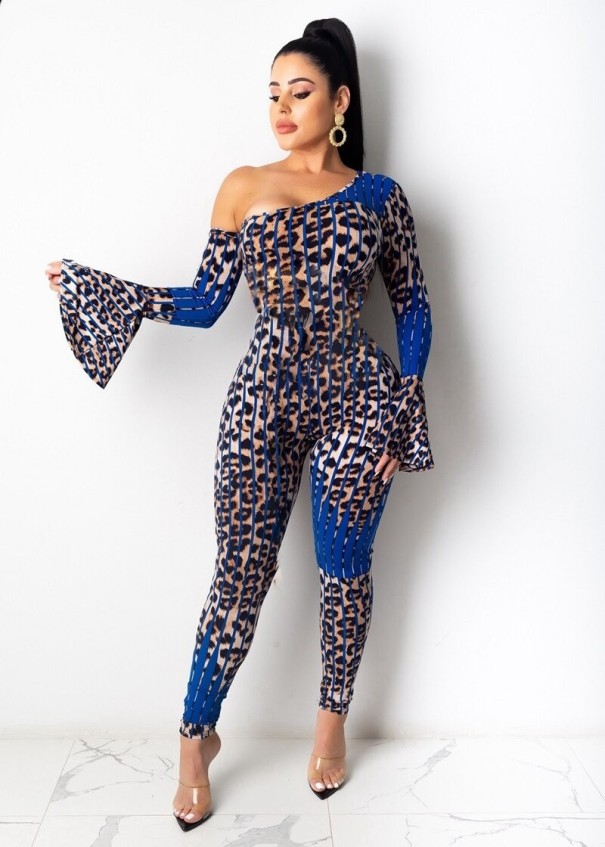 Pantaloni leopard femei cu mâneci lungi B863 albastru S
