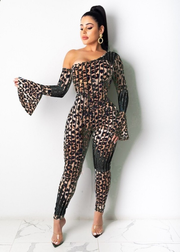 Pantaloni leopard femei cu mâneci lungi B863 maro M