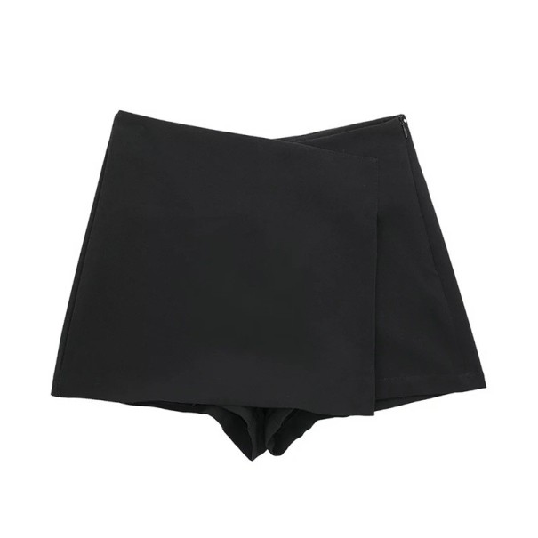 Pantaloni scurți asimetrici cu talie înaltă pentru femei, cu fermoar lateral, eleganți, de culoare solidă, vintage, scurți negru M