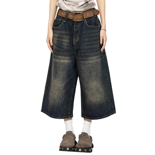 Pantaloni scurți din denim pentru femei, largi, sub genunchi, cu efect de decolorare, pentru vară și uz cotidian albastru inchis XXL