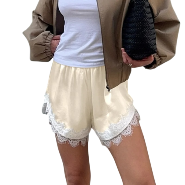 Pantaloni scurți pentru femei cu talie înaltă, lejeri, uni, dantelă, bumbac, poliester, pantaloni scurți confortabili de vară cu margine din dantelă bej M