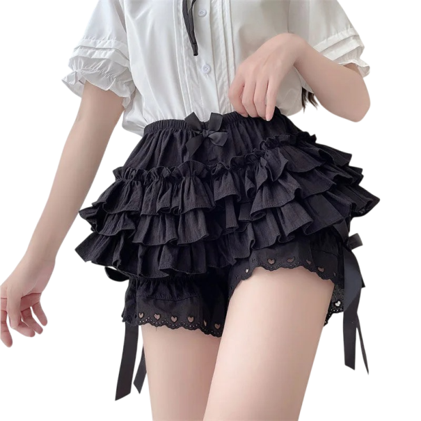 Pantaloni scurți pentru femei cu talie înaltă, uni, dantelă, șifon, plisare, fundițe, pantaloni scurți eleganți romantici de vară cu detalii din dantelă negru M