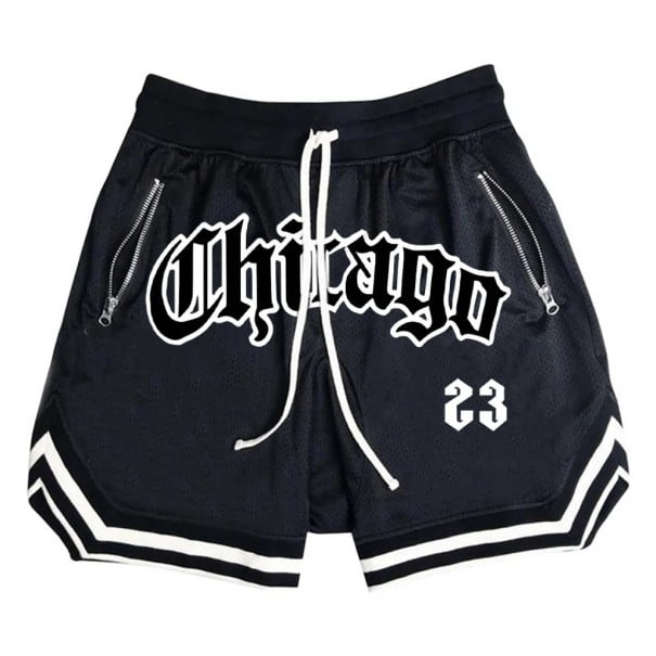 Pantaloni scurți sport cu uscare rapidă pentru bărbați, pantaloni scurți de baschet Chicago, cu buzunare cu fermoar, pantaloni scurți negru M