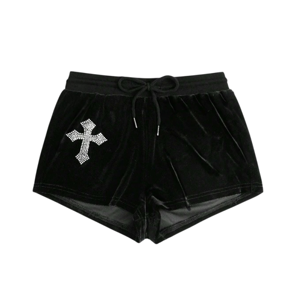 Pantaloni scurți strălucitori și strâmți pentru femei, cu șnur, sport, cu model de cruce cu diamant, elastici, pentru vară negru M