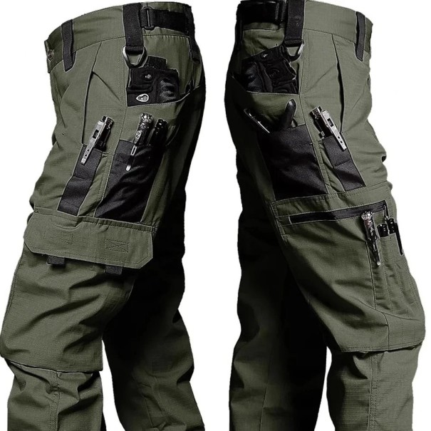 Pantaloni tactici impermeabili pentru bărbați, pantaloni durabili cu mai multe buzunare, stil cargo, pantaloni de exterior, material solid, îmbrăcăminte funcțională pentru bărbați verde armată M