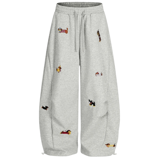 Pantalons de jogging pour femmes avec des patchs de chiens sur toute la surface, complétés par une ceinture élastique avec cordon gris XL