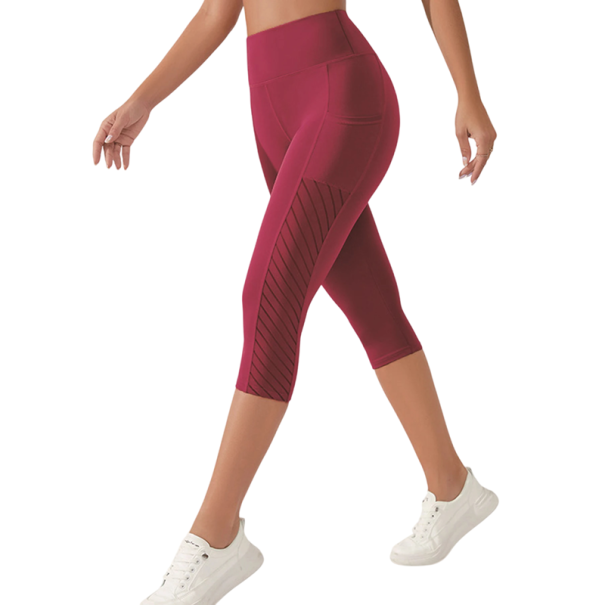 Pantalons de sport pour femmes mi-mollet avec poches latérales Pantalons de fitness confortables pour la course Yoga entraînement Tissu extensible Respirant rouge L